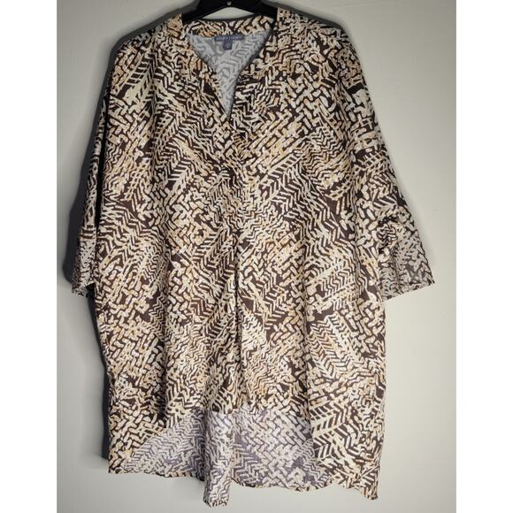 Jessica London Top 20W Plus Sz Brown Beige Gold BambooPrint Linen Blend High Low - Picture 1 of 6